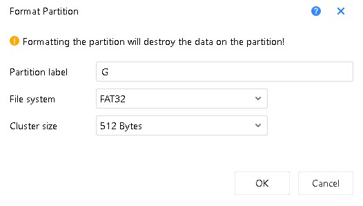 Choose a new partition label, file system, cluster size