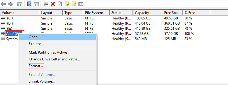 format using disk management