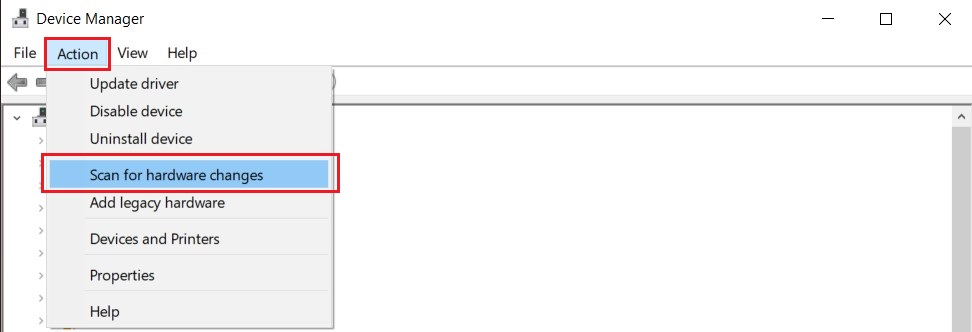 device manager - scan for hardware changes