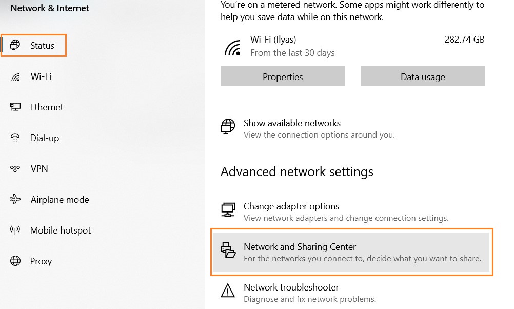 Network and sharing center