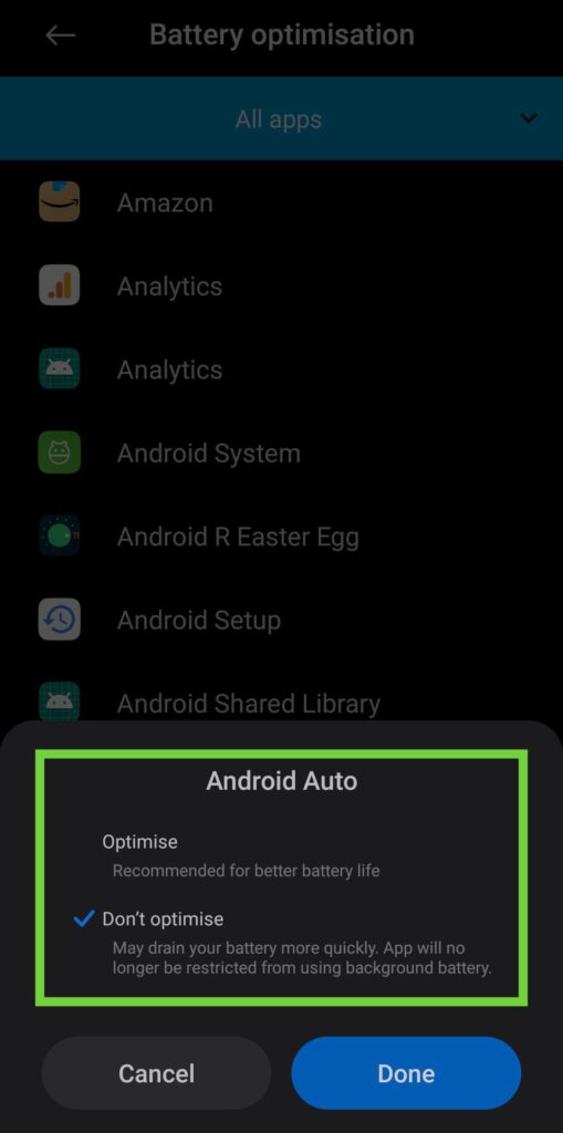 Disable battery optimisation