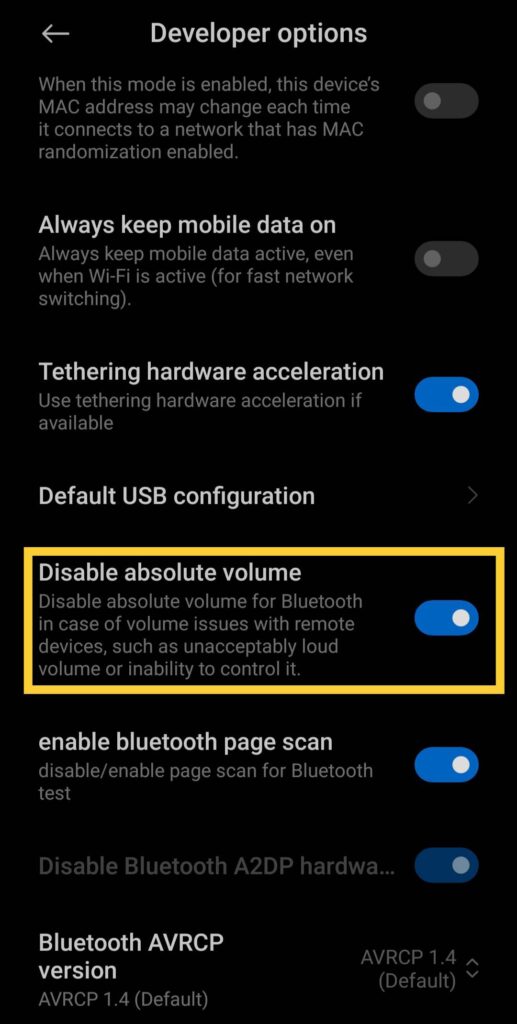 disavle absolute volume in developer option