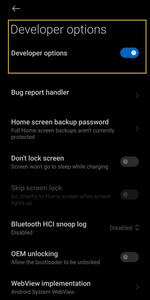 Enable developer option