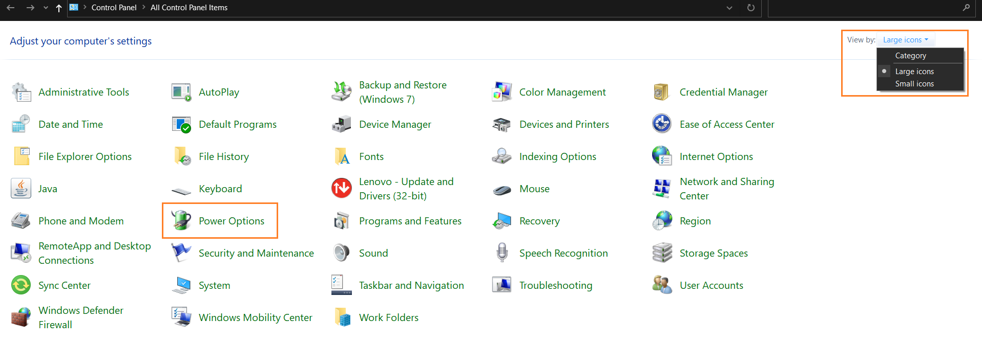 Power option in control panel