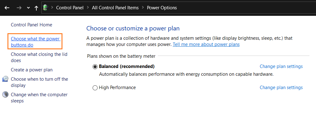 Power option windows setting