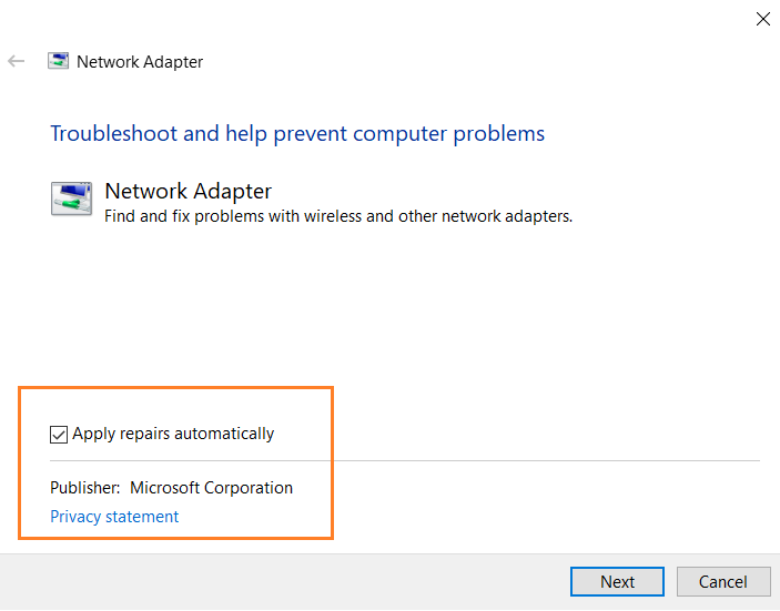 network adapter automatic repair option