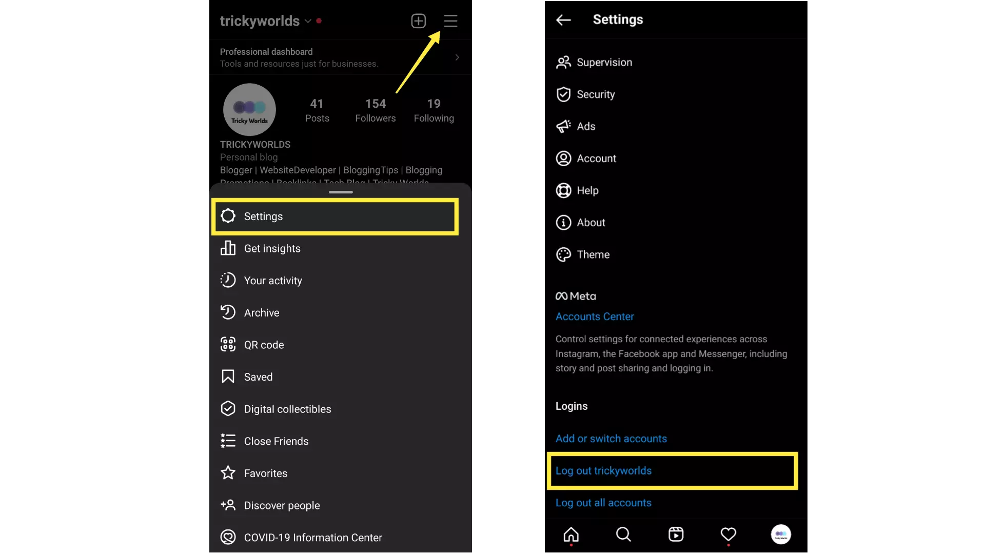 Logout and Log in again on instagram