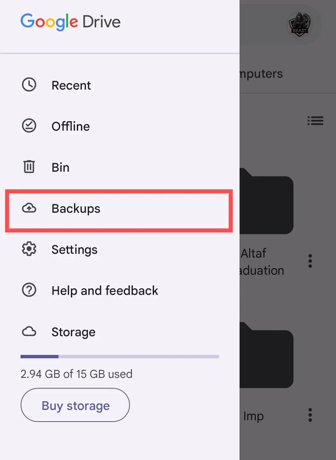 Google drive backup folder