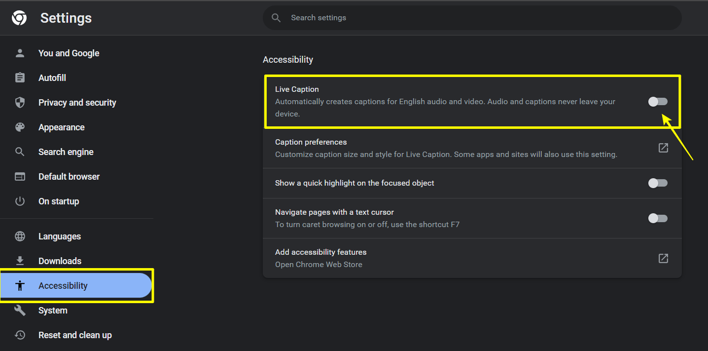 turn off live caption in chrome using setting