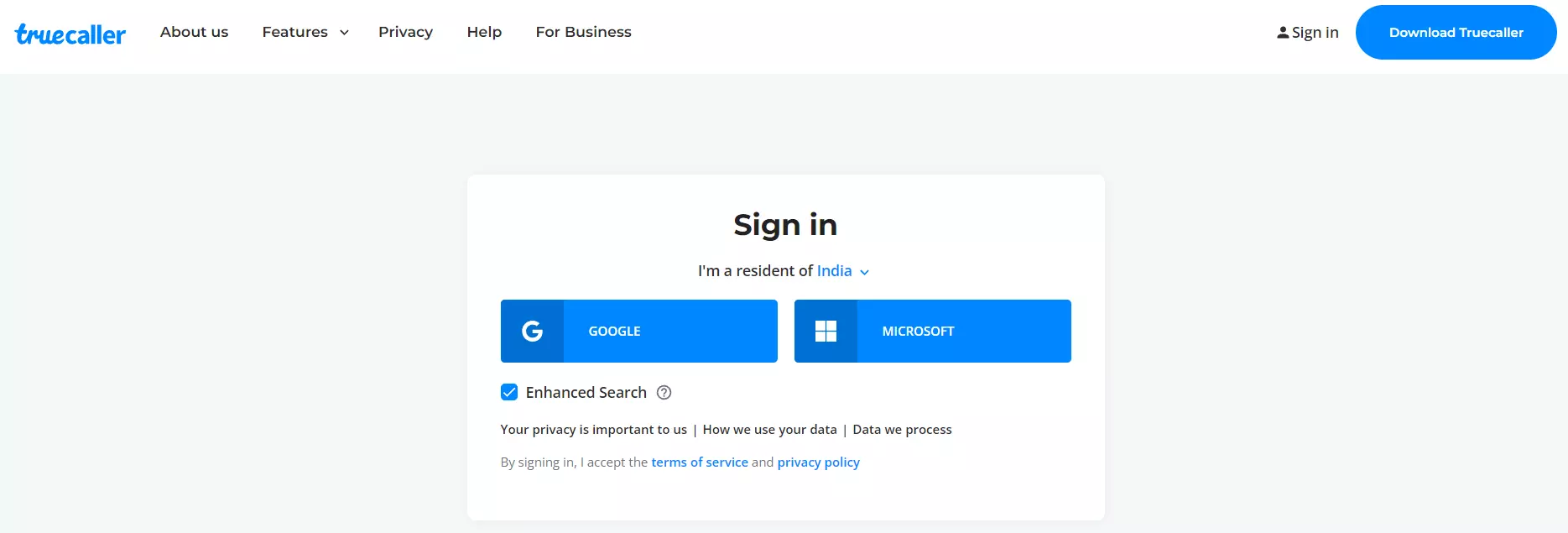 Truecaller web signin page