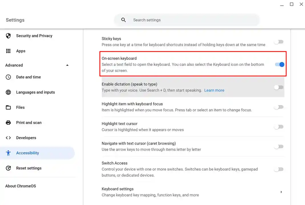 Chromebook on screen keyboard setting