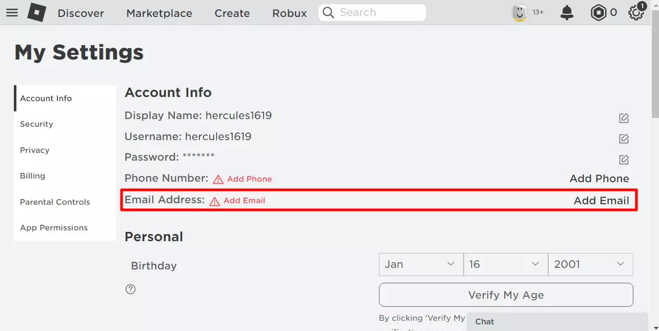 Roblox Add emial option