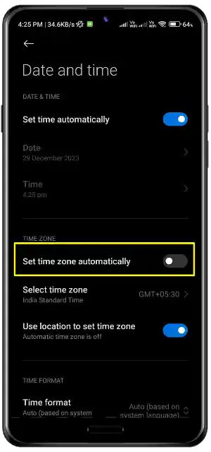 Disable the time zone automatically