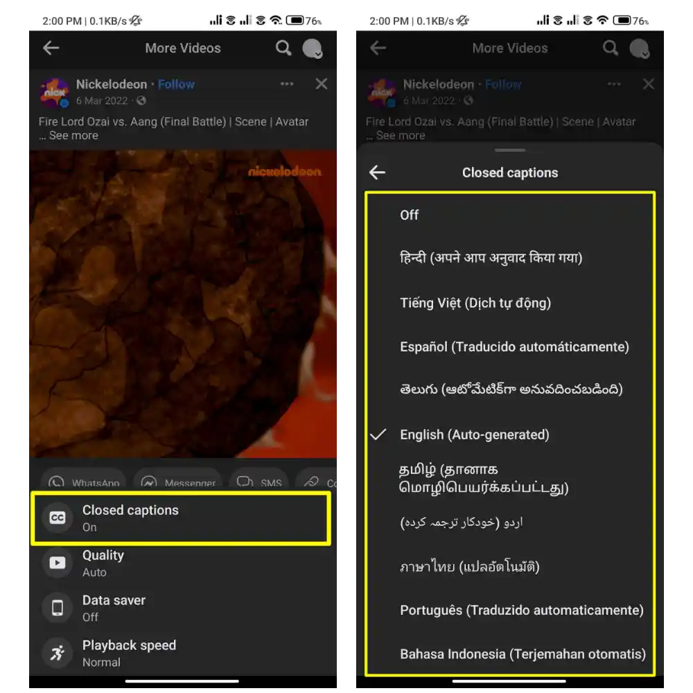 enable closed caption in facebook videos