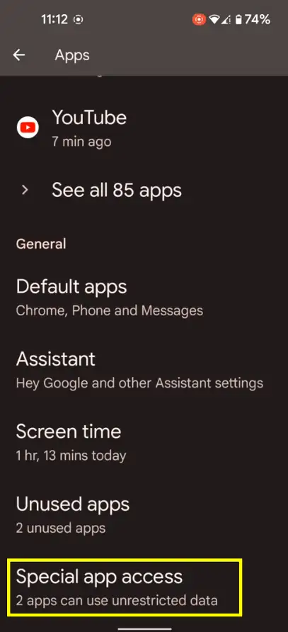 Special app access option Android 12