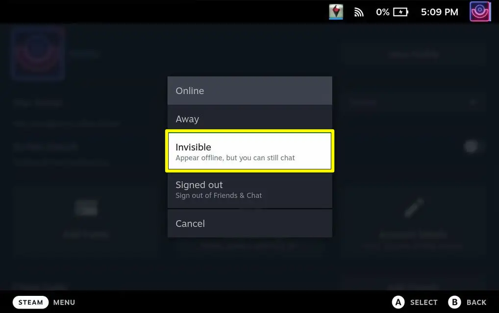 Select Invisible to Appear Offline on Steam Deck