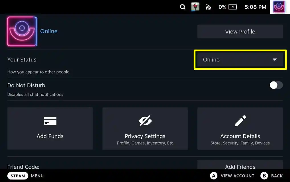 Steam Deck Your Status Menu