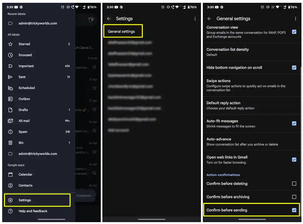 Enable Confirm Before Sending email option in Gmail