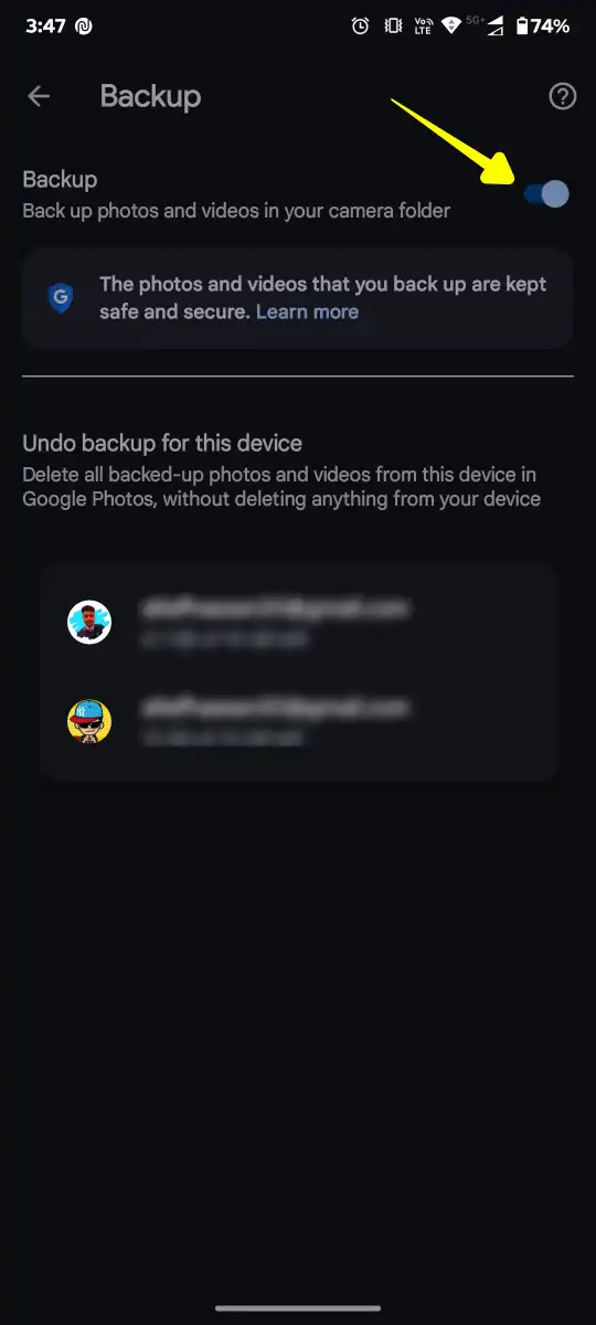 Turn on backup from second account