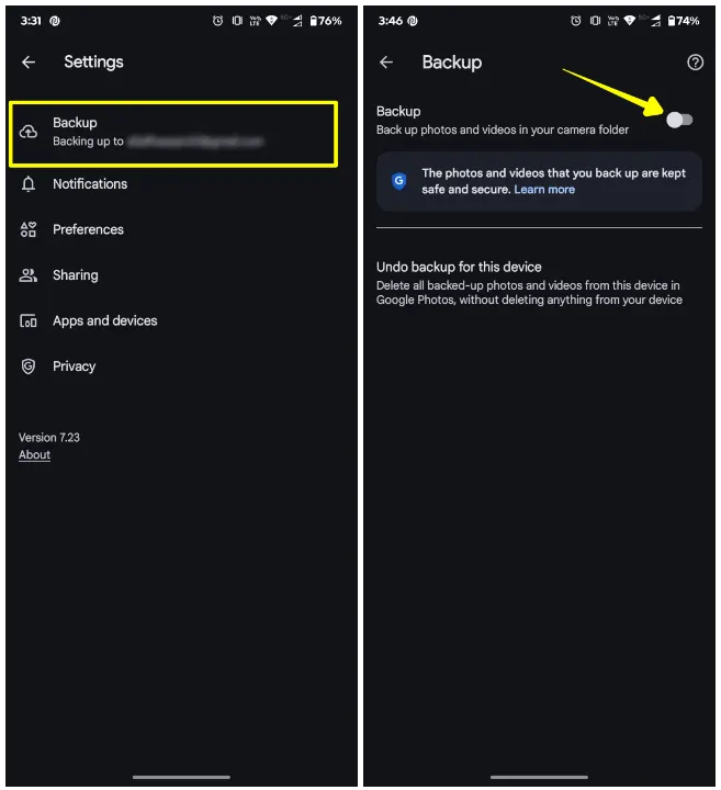Turn off backup from main account