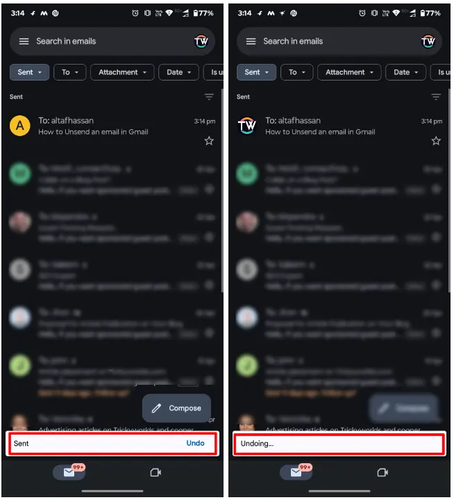 Unsend an Email in Gmail App