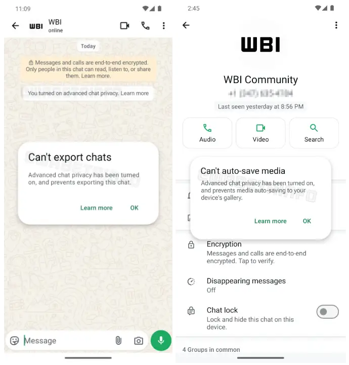 WhatsApp advanced chat privacy - Can't export chats and auto save media