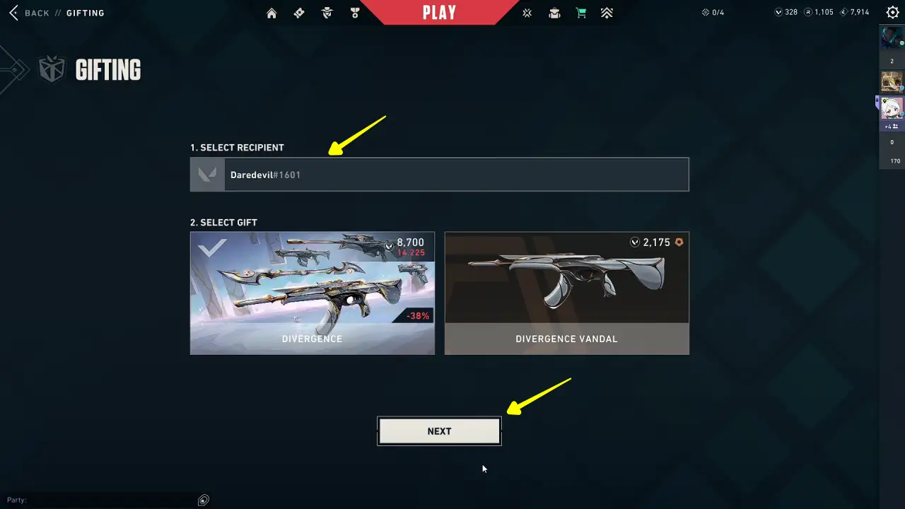 choose the friend you want to send gift in Valorant