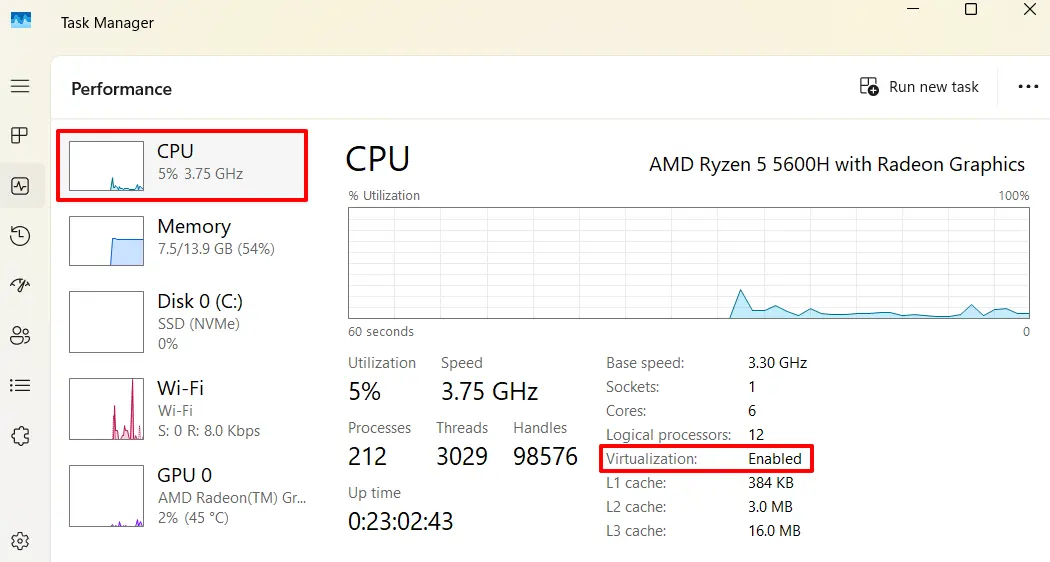 Check if Virtualization is Enabled using Task Manager