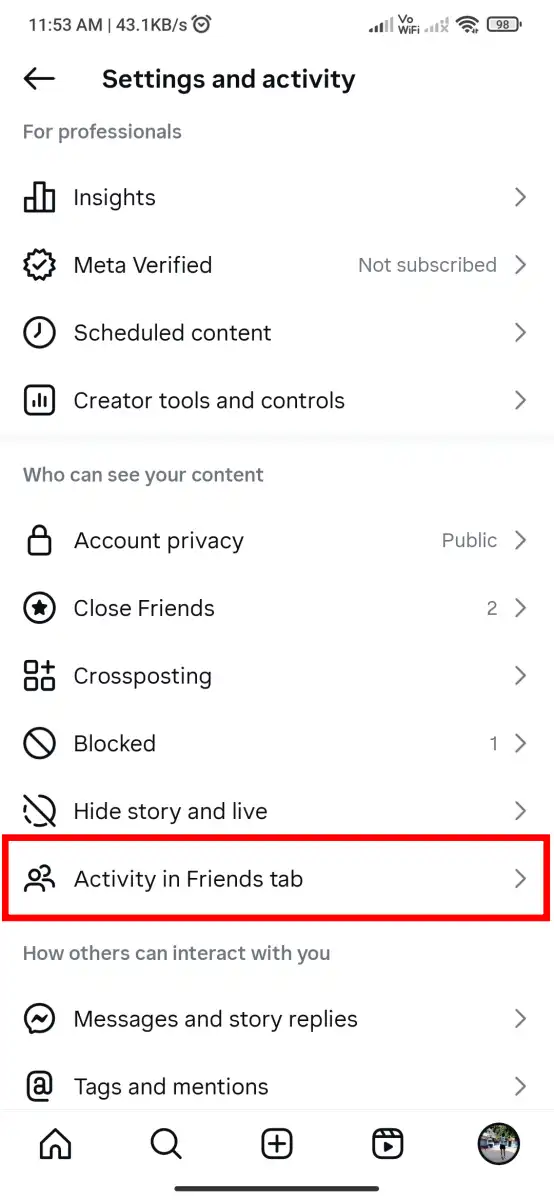 Activity in Friends Tab Instagram Setting
