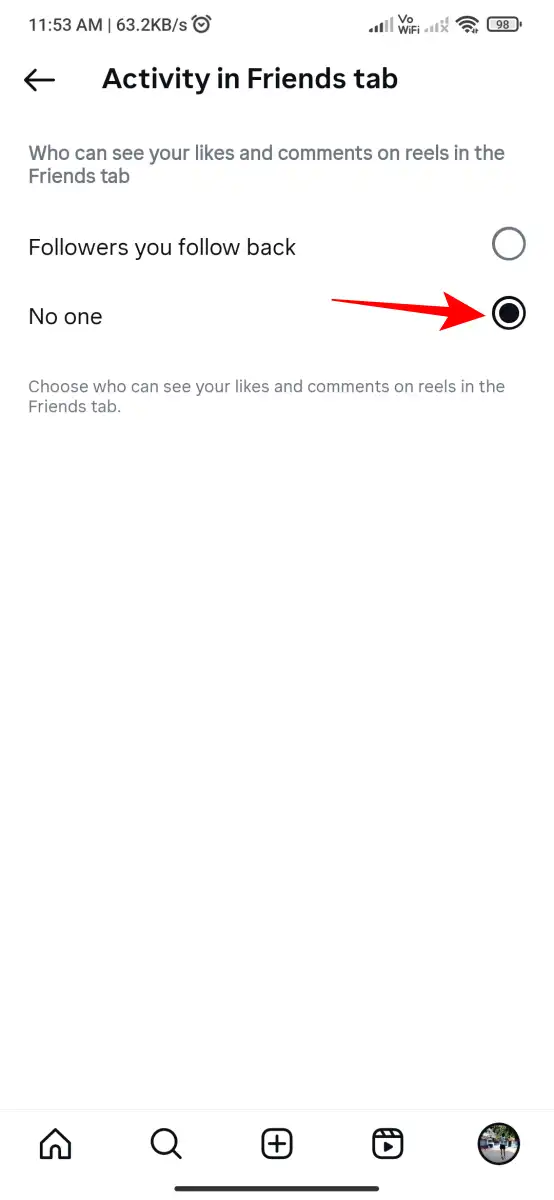 Select No one in the Activity in Friends Tab